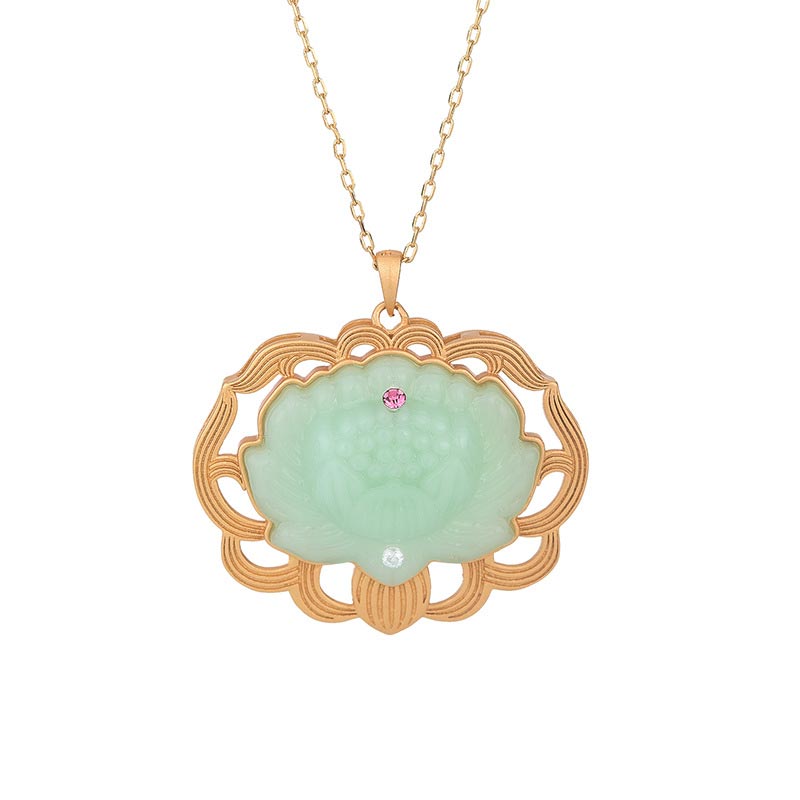 Wear FengShui Natural Jade Lotus Harmony Necklace Pendant