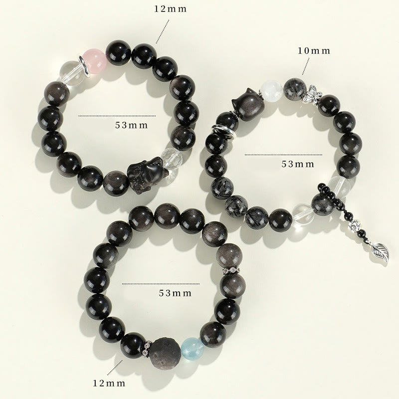 Wear FengShui Natural Silver Sheen Obsidian Cat Head Fox Planet Protection Bracelet