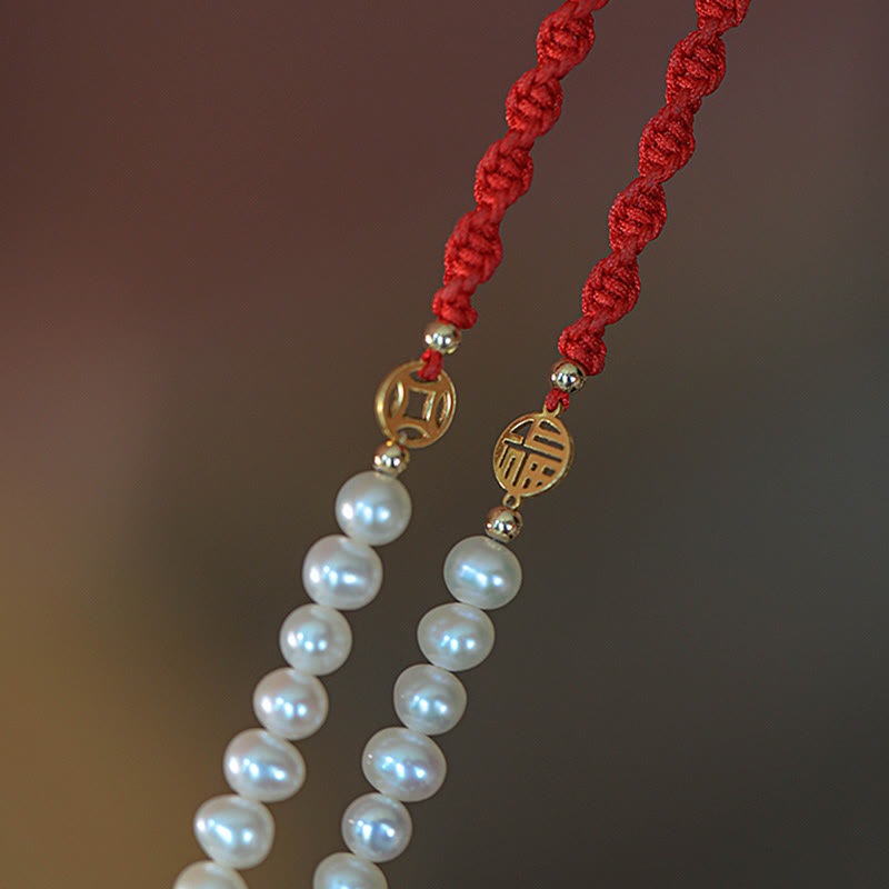 Wear FengShui 14K Gold Plated Pearl Bead Luck Protection Braid Red String Bracelet