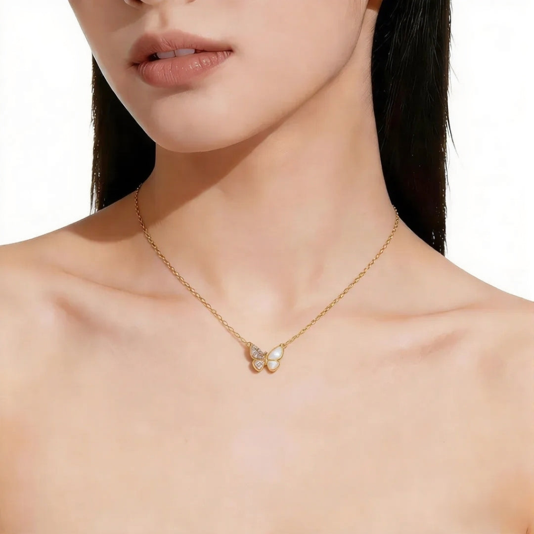 White Mother-of-Pearl Butterfly Necklace with Sparkling Zircon Stones