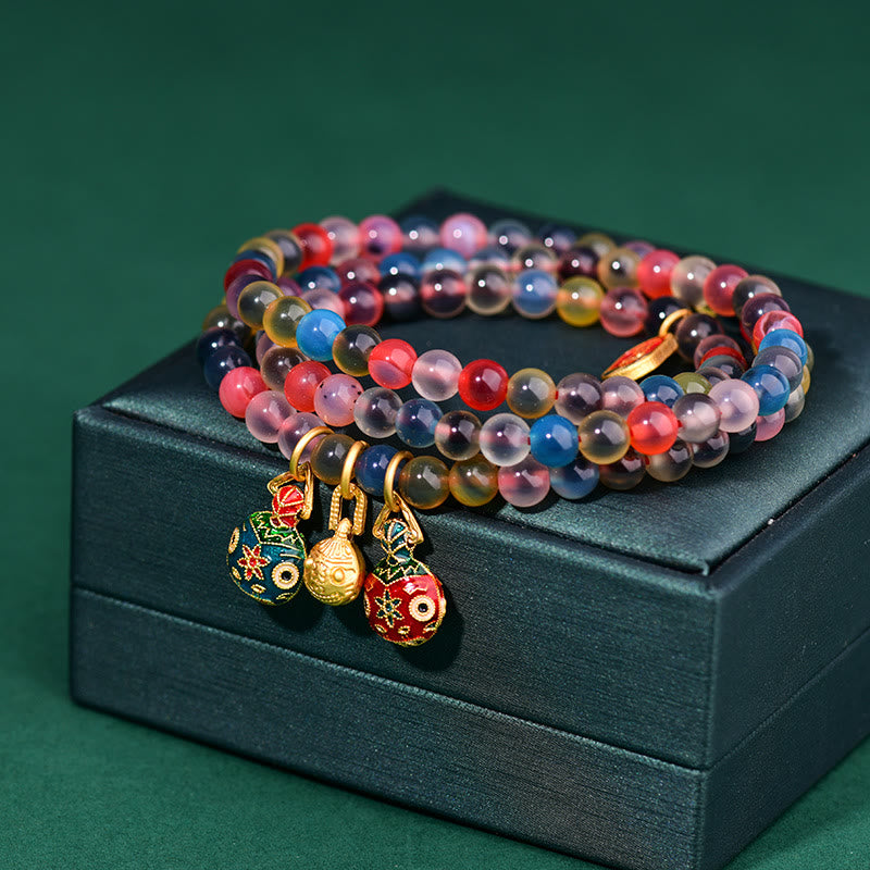 Wear FengShui Colorful Candy Agate Gold Swallowing Beast Family Strength Charm Triple Wrap Bracelet