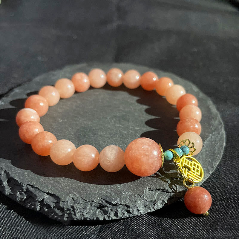 Wear FengShui Natural Orange Stone Turquoise Fu Character Charm Luck Fortune Bracelet