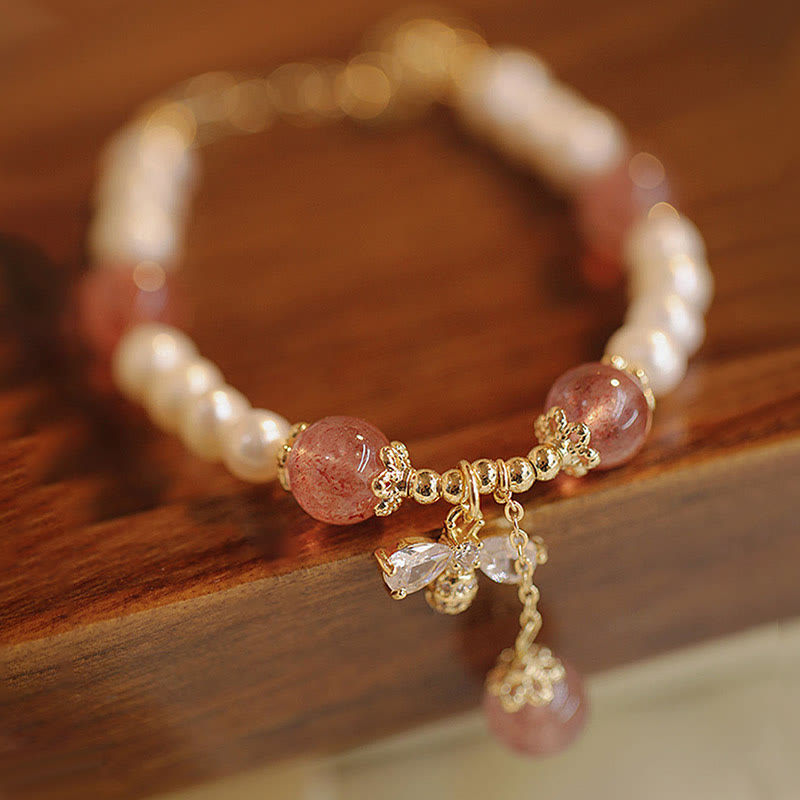 Wear FengShui Natural Pearl Strawberry Quartz Healing Cute Honey Bee Charm Bracelet
