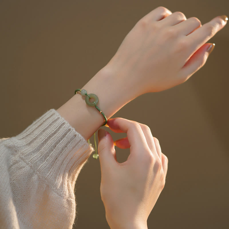 Wear FengShui Lotus Jade Peace Buckle Bead Luck Happiness Charm String Bracelet