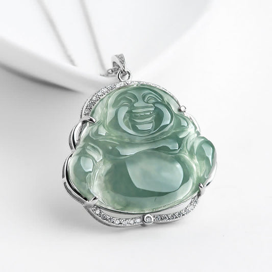 Wear FengShui Laughing Buddha Natural Jade Luck Necklace Titanium Steel Chain Pendant