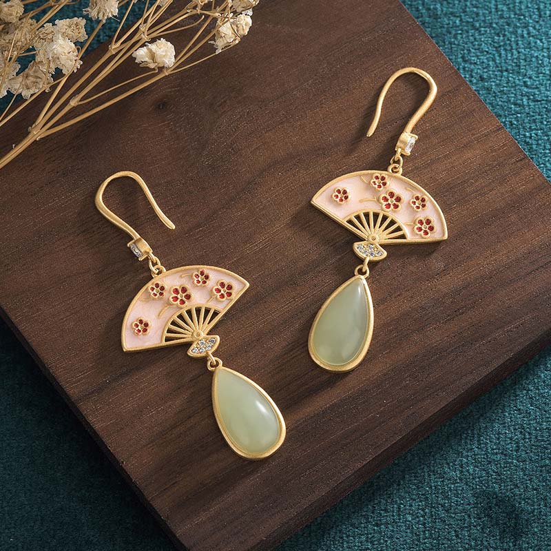Wear FengShui Natural Green Aventurine Fan Pattern Luck Drop Earrings