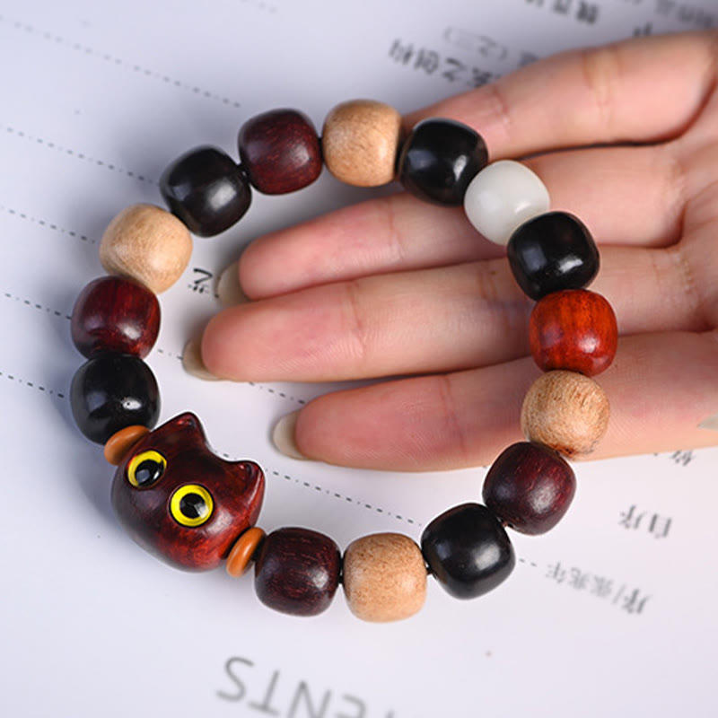 Wear FengShui Small Leaf Red Sandalwood Ebony Wood Cute Cat Engraved Protection Bracelet