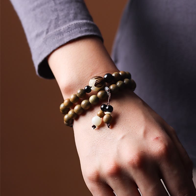 Wear FengShui Green Sandalwood Bodhi Seed Lotus Soothing Double Wrap Bracelet
