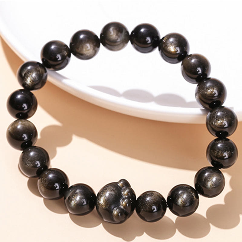 Wear FengShui Natural Gold Sheen Obsidian Silver Sheen Obsidian Cute Cat Paw Claw Wealth Bracelet