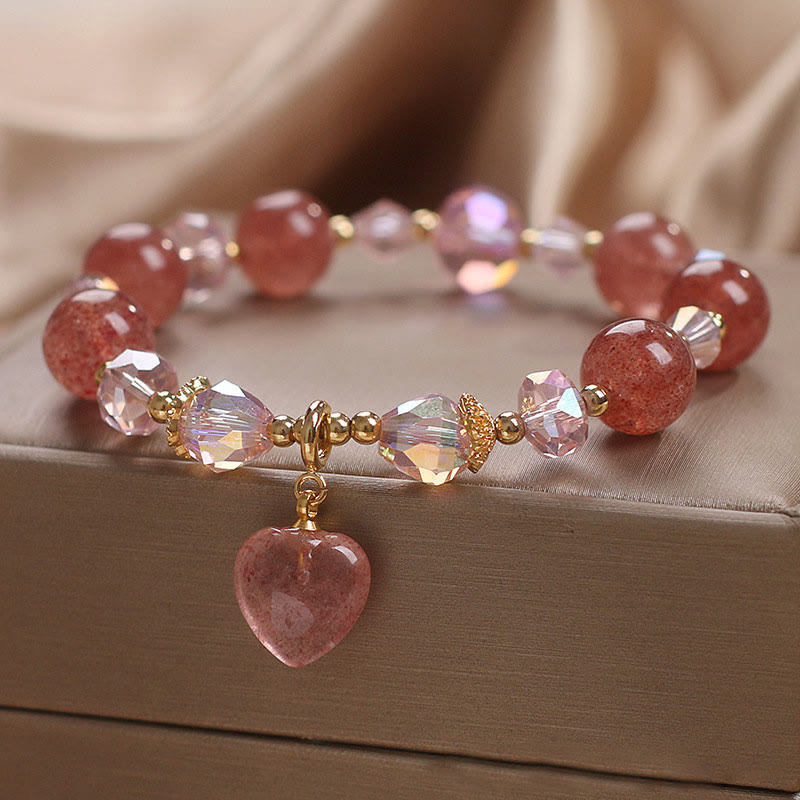 Wear FengShui Natural Strawberry Quartz Crystal Love Heart Healing Positive Bracelet