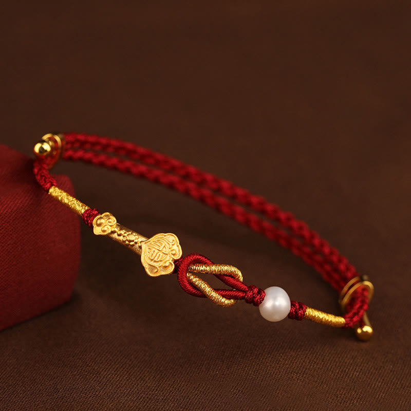 Wear FengShui 24K Gold Wish Ruyi Handle Fu Character Rabbit Pearl Luck Braided Bracelet