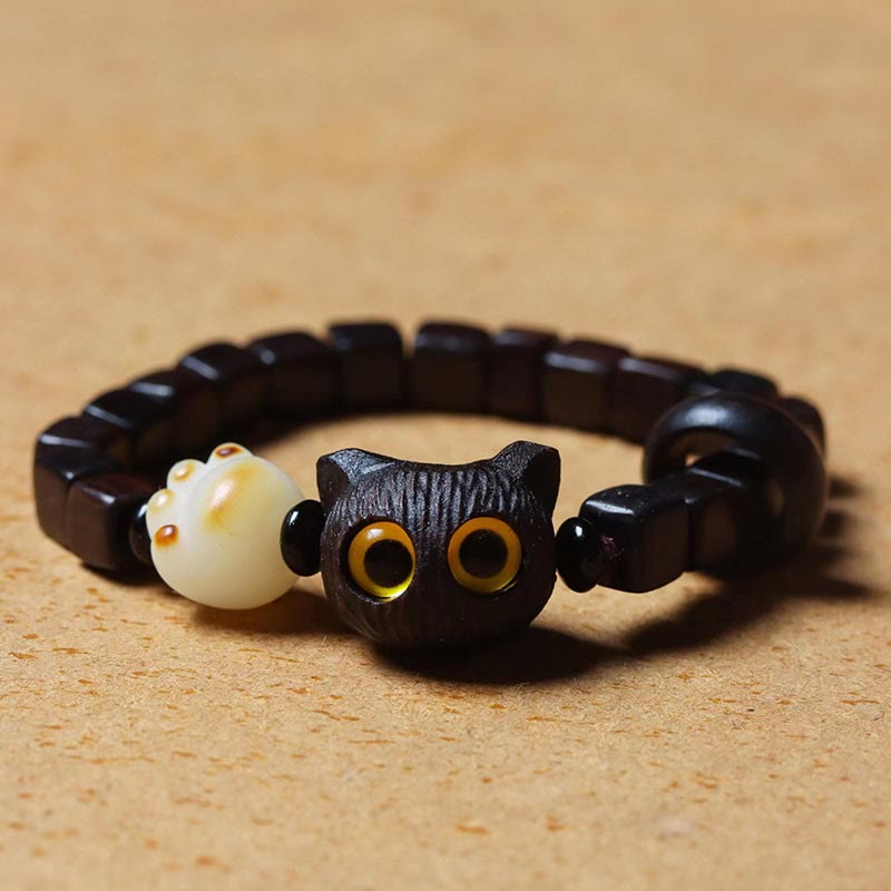 Wear FengShui Ebony Wood Cute Cat Bodhi Seed Paw Claw Square Beads Calm Bracelet