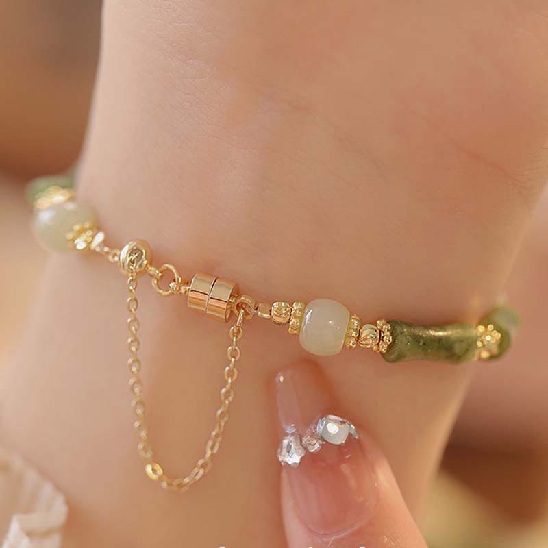 Wear FengShui Jade Bamboo Leaf Lily Of The Valley Pattern Luck Abundance Bracelet