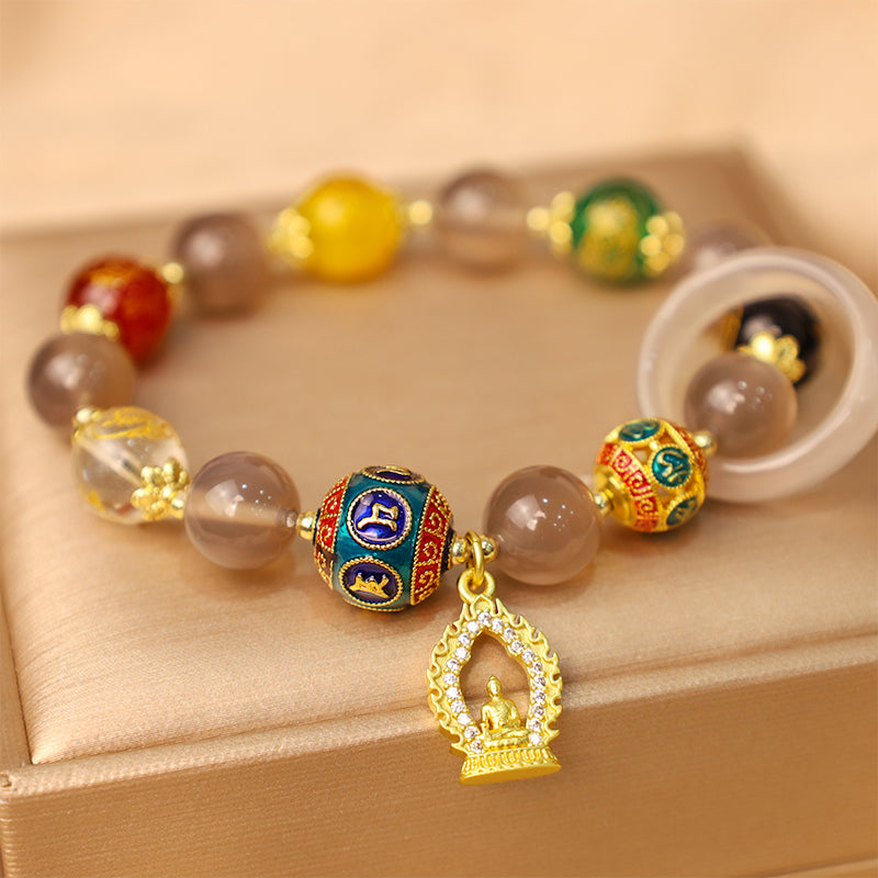 Wear FengShui Natural Gray Agate Five Directions Gods of Wealth Om Mani Padme Hum Buddha Charm Bracelet