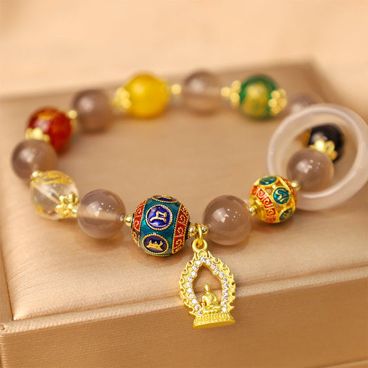 Wear FengShui Natural Gray Agate Five Directions Gods of Wealth Om Mani Padme Hum Buddha Charm Bracelet