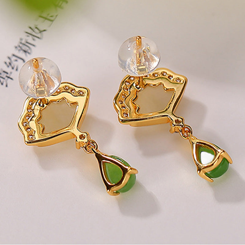 Wear FengShui White Jade Cyan Jade Fan Water Drop Pattern Luck Drop Earrings