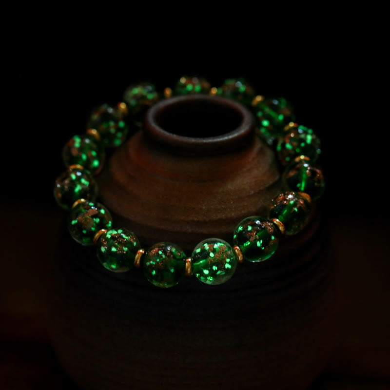 Wear FengShui Gold Swallowing Beast Family Charm Luminous Fluorescent Liuli Glass Bead Success Bracelet