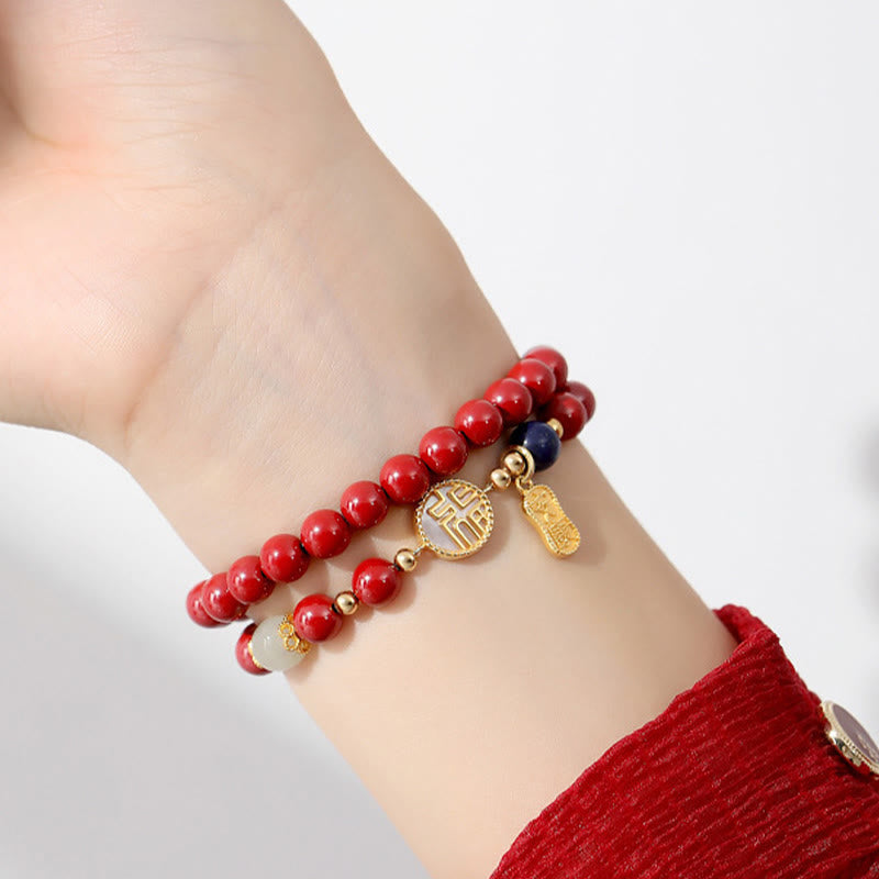 Wear FengShui 925 Sterling Silver Cinnabar Tridacna Stone Fu Character Double Wrap Blessing Bracelet