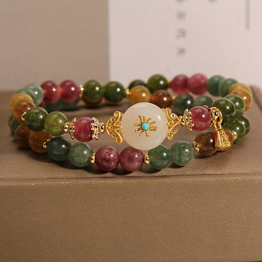 Wear FengShui Natural Multicolored Tourmaline Positive Jade Flower Double Wrap Bracelet