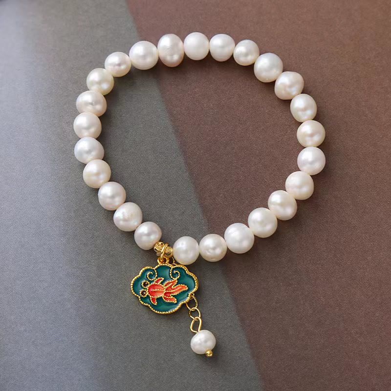 Wear FengShui Natural Pearl Lotus Koi Fish Goldfish Optimism Charm Bracelet