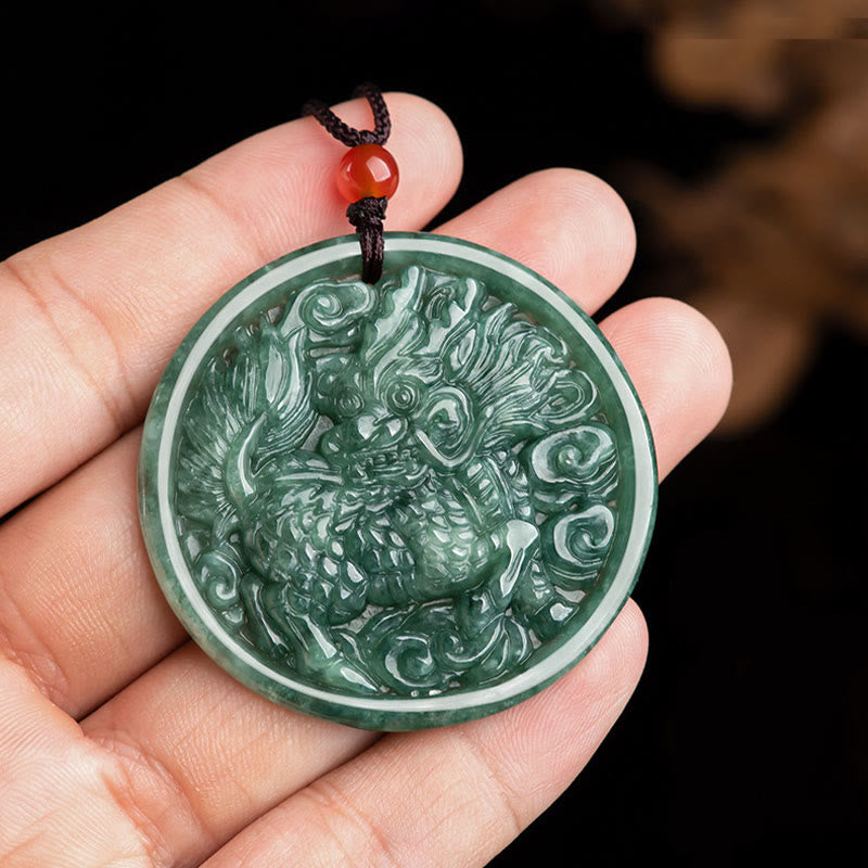 Wear FengShui Natural Jade Kirin Abundance String Necklace Pendant