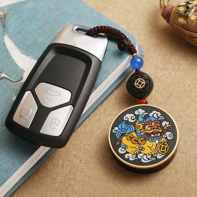 Wear FengShui PiXiu Copper Coin Ebony Wood Luck Attract Wealth Key Chain Decoration