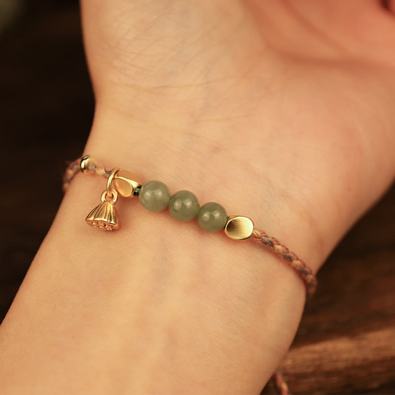 Wear FengShui Handcrafted Hetian Jade Lotus Charm Luck Braided Bracelet