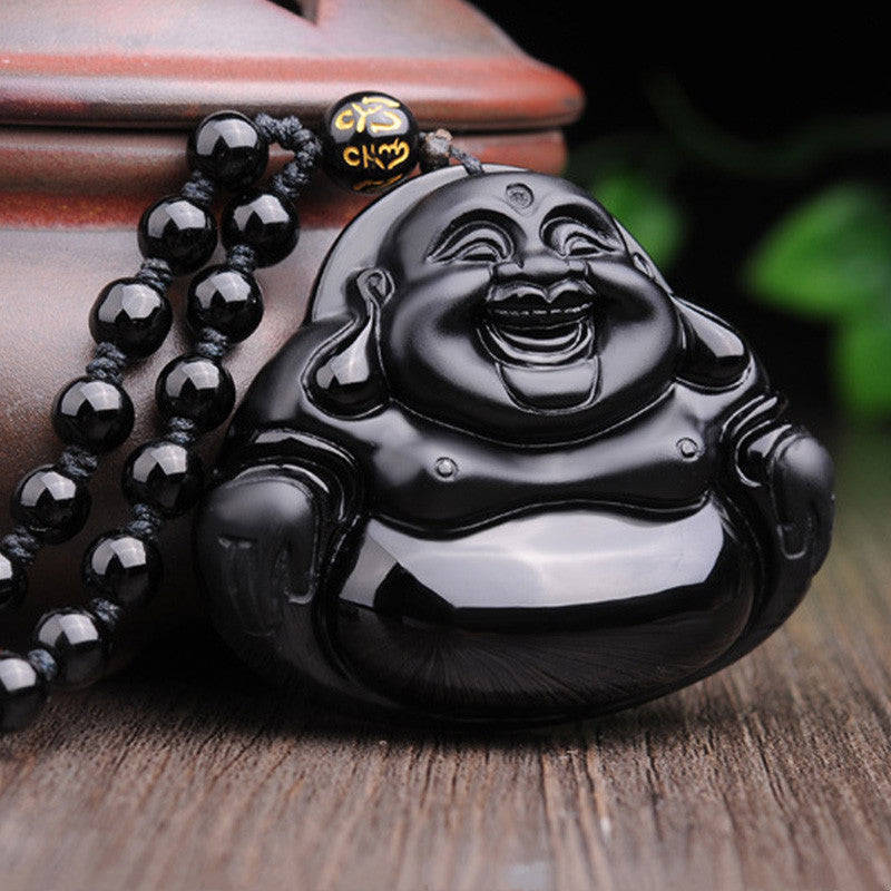 Wear FengShui Laughing Buddha Black Obsidian Transformation Pendant Necklace