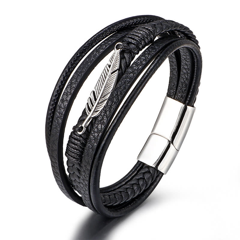 Wear FengShui Feather Pattern Multilayer Leather Titanium Steel Calm Braided Magnetic Buckle Bracelet