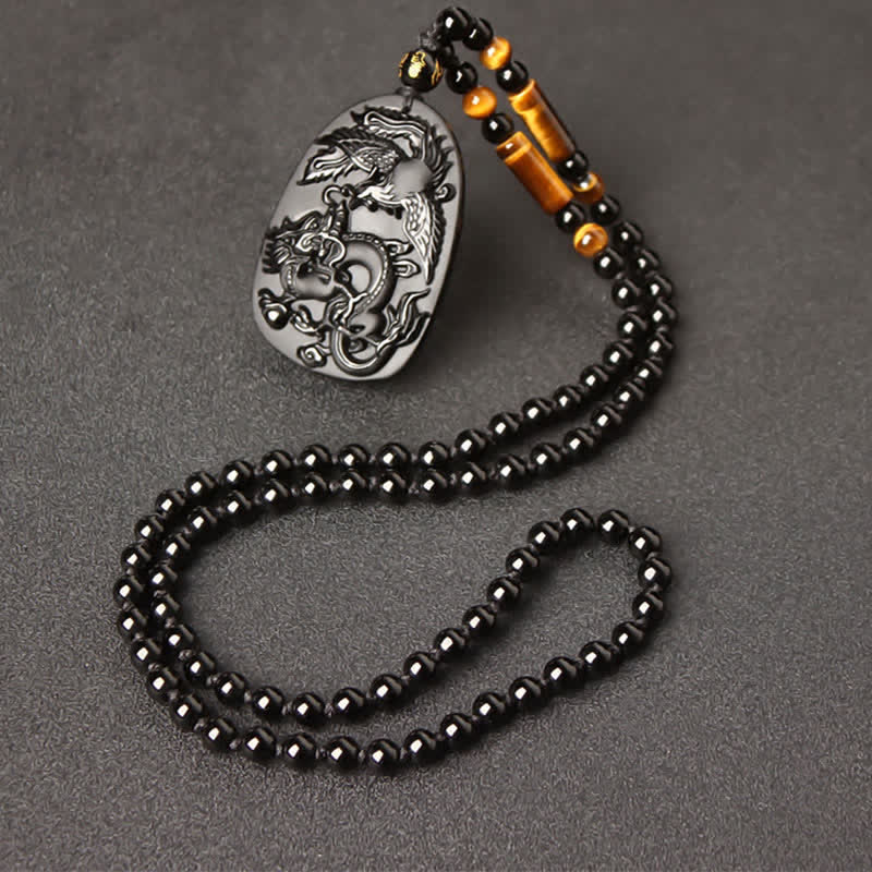 Wear FengShui Black Obsidian Tiger Eye Dragon Phoenix Protection Beaded Necklace Pendant
