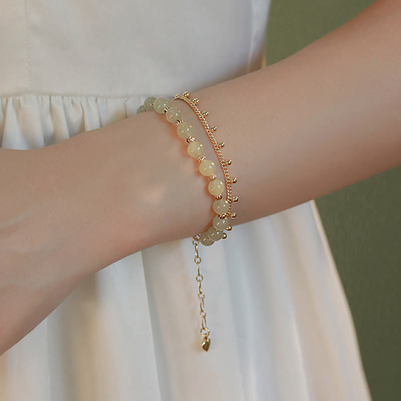 Wear FengShui 14K Gold Plated 2 Layers Hetian Jade Bead Luck Prosperity Bracelet