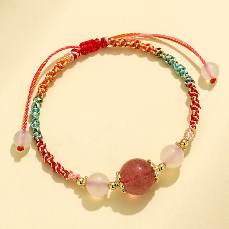 Wear FengShui Strawberry Quartz Pink Crystal Prehnite White Agate Bead Healing Rope Bracelet