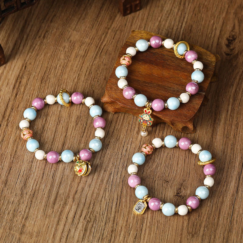 Wear FengShui Tibetan Zakiram Goddess of Wealth Rabbit Lion Head Charm Liuli Glass Incense Ash Porcelain Bead Protection Bracelet