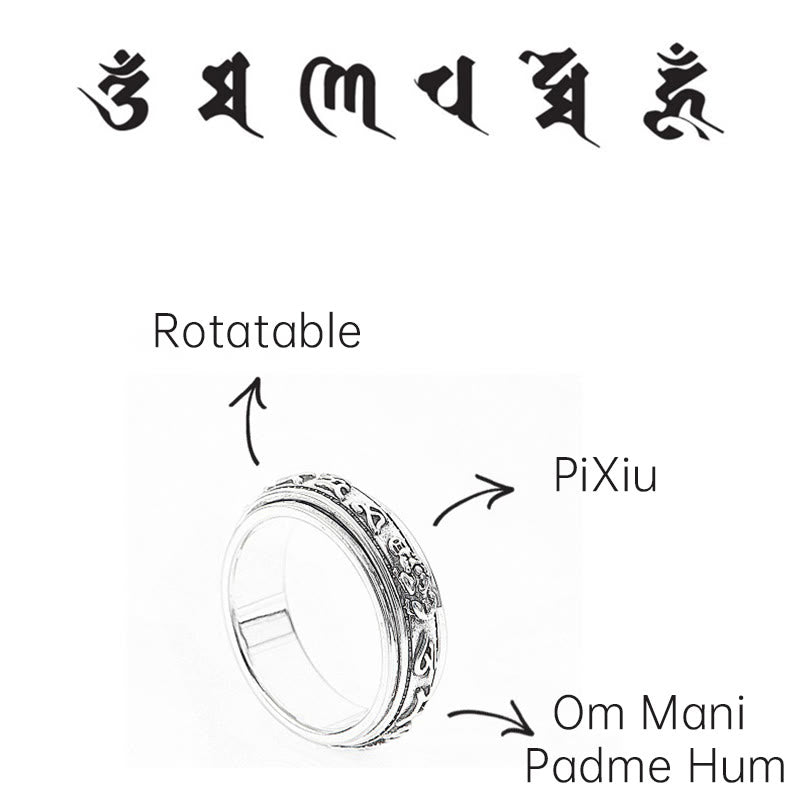 Wear FengShui Tibetan Om Mani Padme Hum PiXiu Engraved Wealth Luck Rotatable Ring