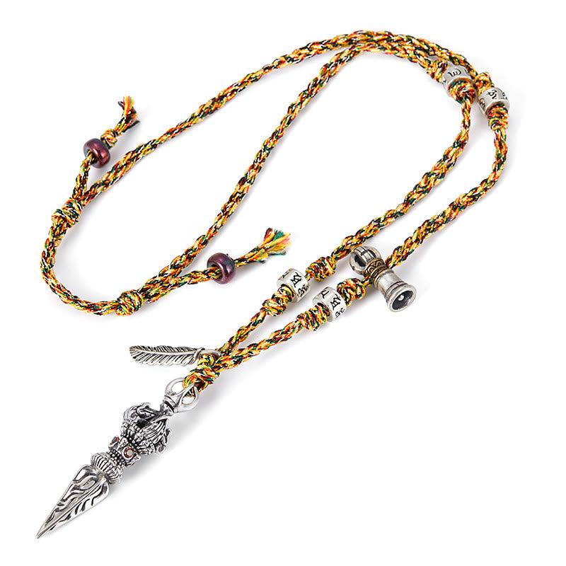 Wear FengShui Tibetan Handmade 925 Sterling Silver Dorje Vajra Om Mani Padme Hum Feather Strength Necklace Pendant
