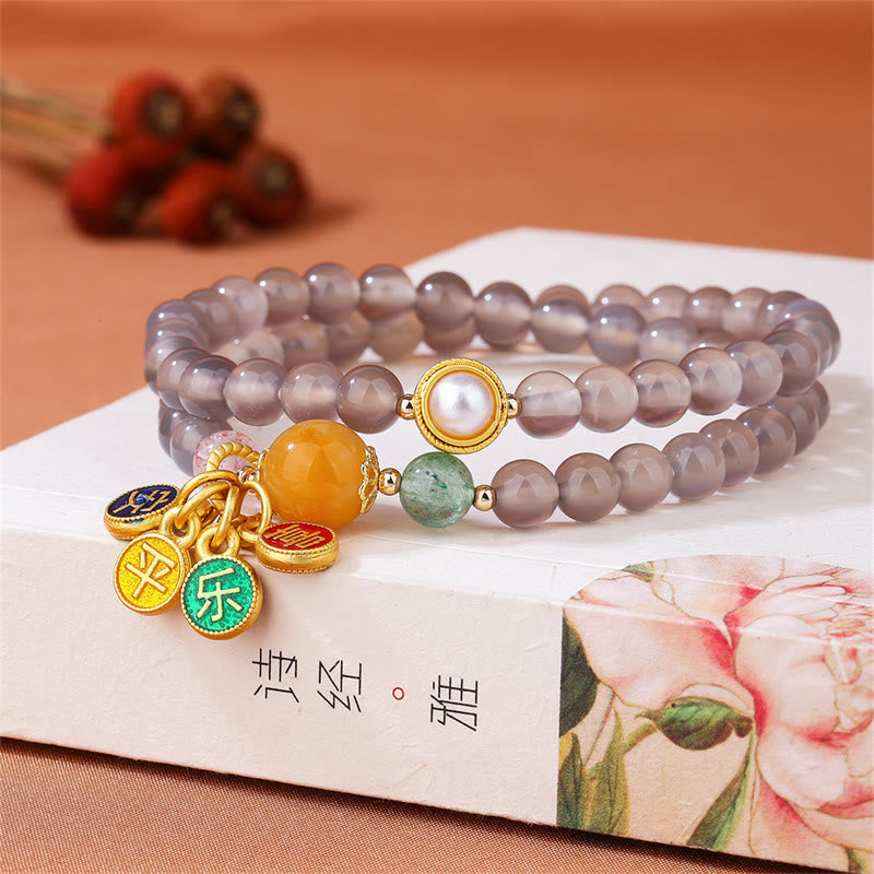 Wear FengShui Natural Gray Agate Peace And Joy Charm Balance Double Wrap Bracelet