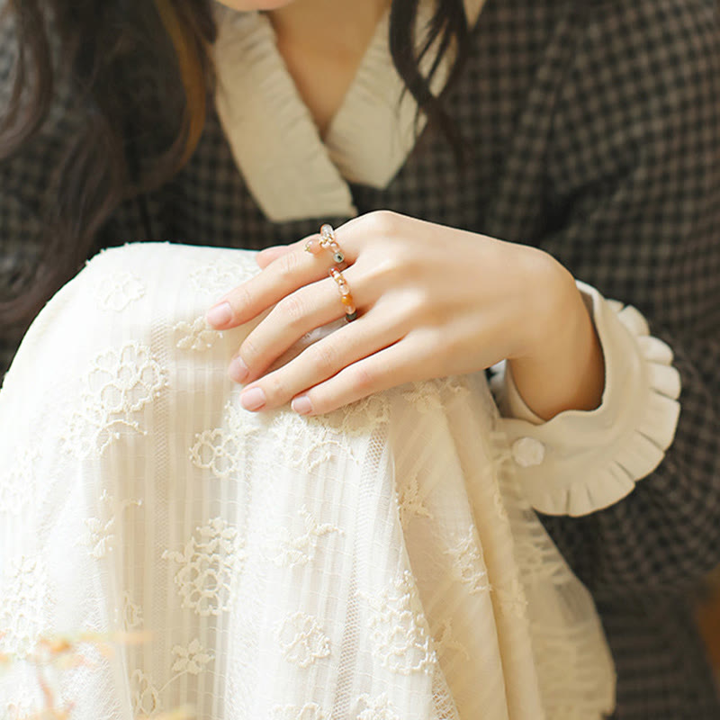Wear FengShui 14k Gold Plated Copper Fu Lu Shou Crystal Peach Moonstone Happiness Wealth Ring