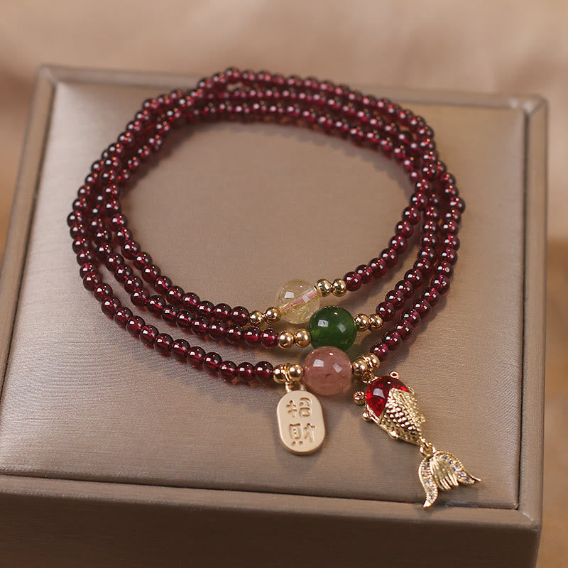 Wear FengShui Natural Garnet Strawberry Quartz Crystal Fox Koi Fish Peace Buckle Fortune Protection Triple Wrap Bracelet