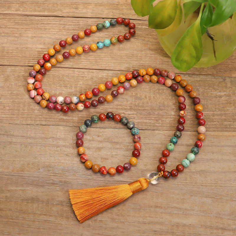 Wear FengShui 108 Mala Beads Mookaite Emotional Growth Bracelet Tassel Necklace Pendant