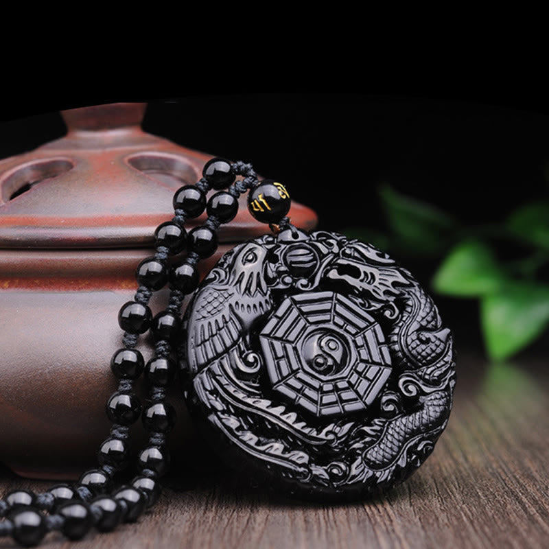 Wear FengShui Bagua Dragon Phoenix Obsidian Fulfilment Pendant Necklace