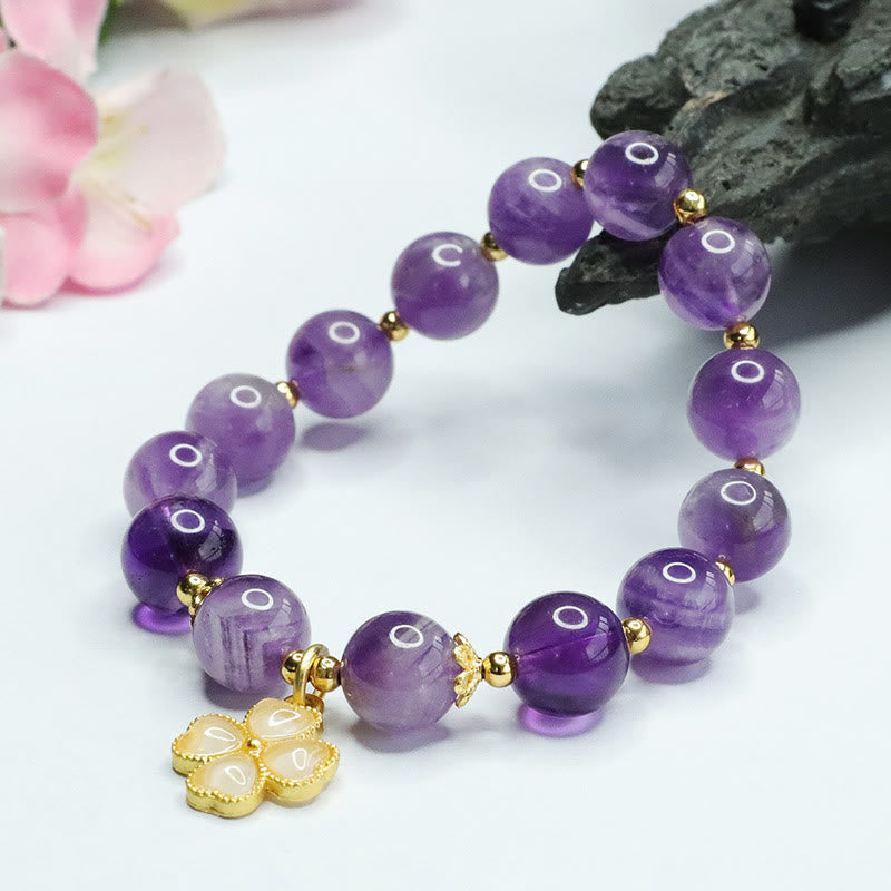 Wear FengShui Natural Amethyst Crystal Inner Peace Four Leaf Clover Charm Bracelet