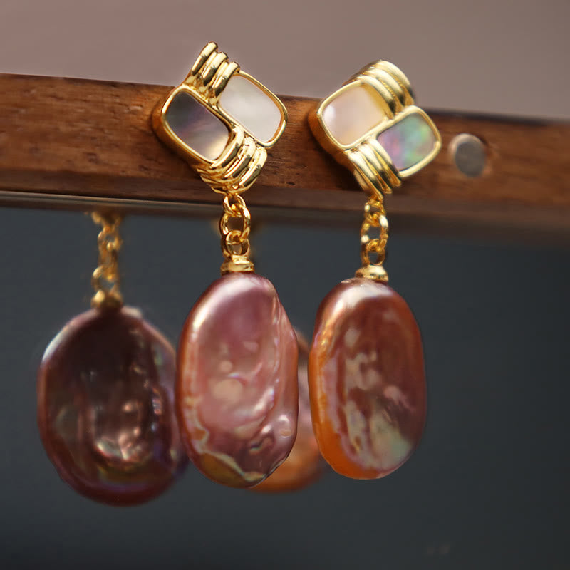 Wear FengShui 925 Sterling Silver Posts Copper Plated Gold Natural Baroque Pearl Healing Drop Earrings