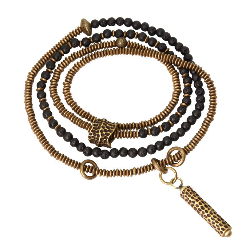 Wear FengShui Vintage Lava Rock Brass Copper Healing Multilayered Bracelet