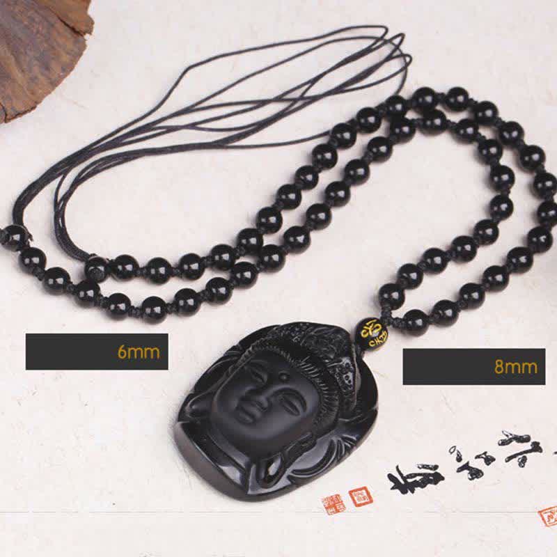 Wear FengShui Natural Black Obsidian Kwan Yin Avalokitesvara Strength String Necklace Pendant
