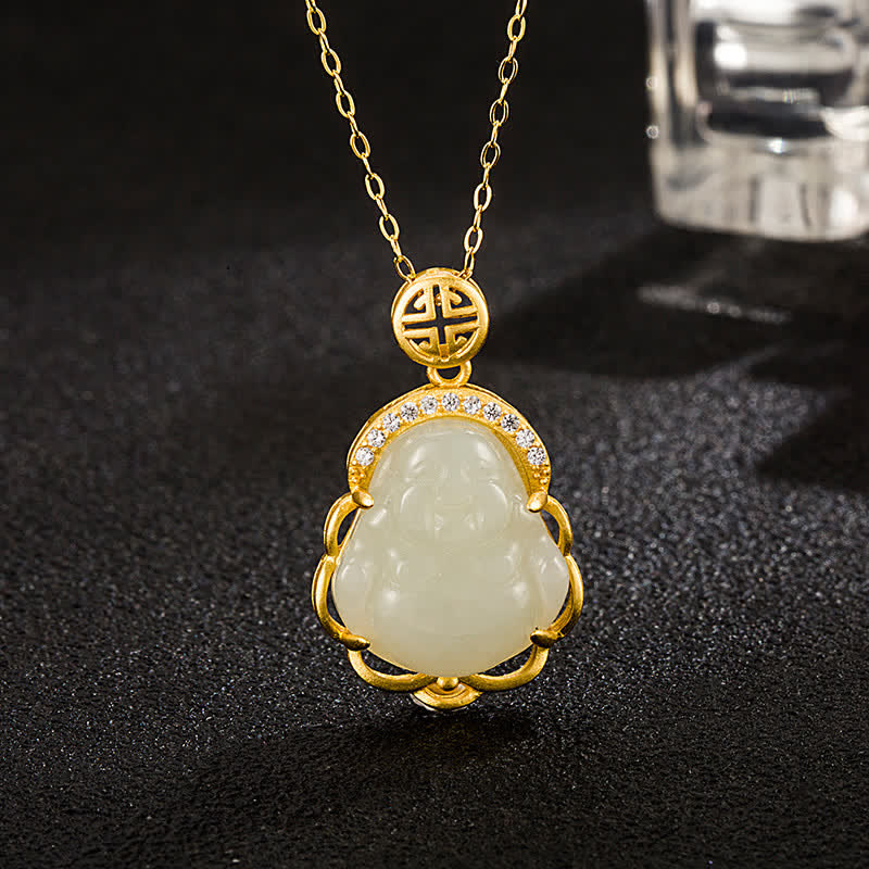 Wear FengShui 925 Sterling Silver Laughing Buddha Hetian White Jade Protection Necklace Pendant