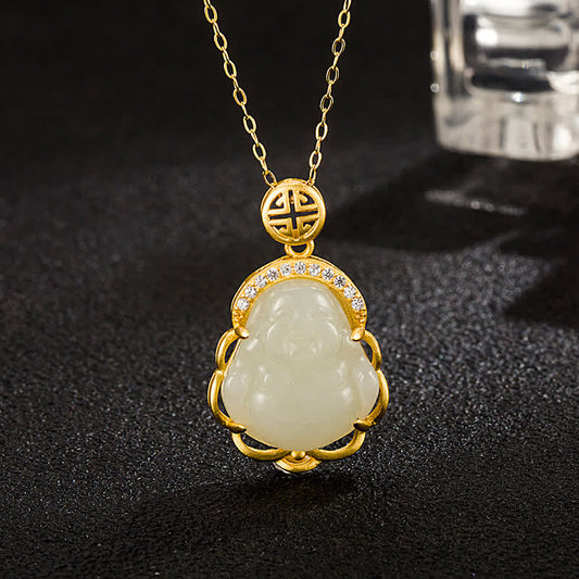 Wear FengShui 925 Sterling Silver Laughing Buddha Hetian White Jade Protection Necklace Pendant