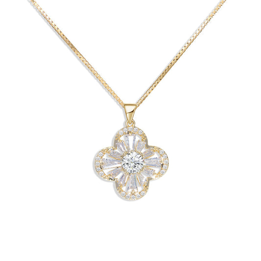925 Sterling Silver CZ Four Leaf Clover Necklace – White Gold Color Collarbone Chain for Women