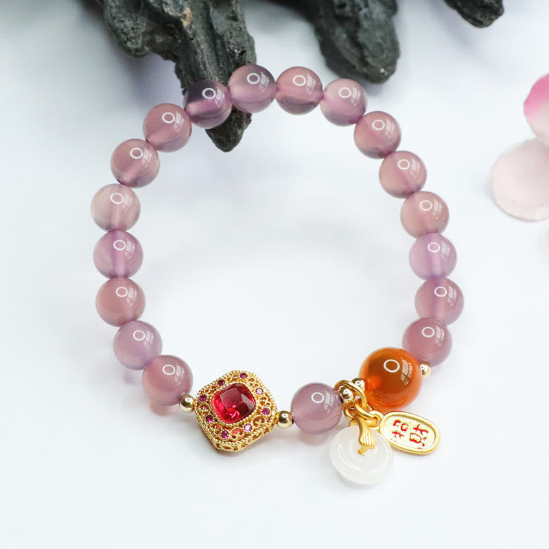 Wear FengShui Natural Purple Chalcedony Candy Agate Peace Buckle Harmony Lucky Fortune Charm Bracelet