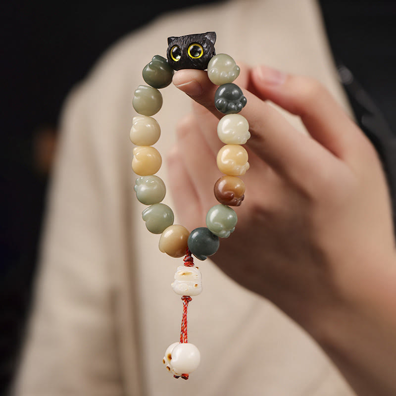 Wear FengShui Natural Bodhi Seed Lovely Paw Ebony Wood Lucky Cat Wisdom Bracelet