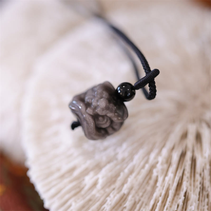 Wear FengShui Natural Silver Sheen Obsidian Dancing Lion Protection Necklace Pendant